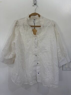Button-Front White Embroidered V-Neck Women's Blouse